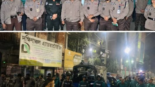 বরিশালে ত্রয়োদশ জাতীয় সংসদ নির্বাচন উপলক্ষ্যে বিএমপি পুলিশের ডমিনেশন পেট্রলিং অনুষ্ঠিত