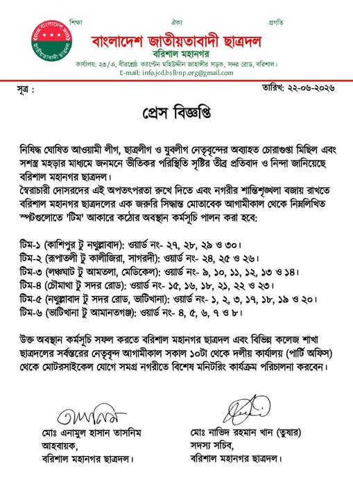 বরিশালে আ’লীগের চোরাগুপ্তা মিছিল,তৎপরতা রুখতে মহানগর ছাত্রদল